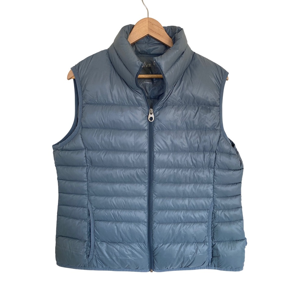 Calvin Klein Womens XL Packable Premium Down Puffer Vest Slate Blue Quilted Zip